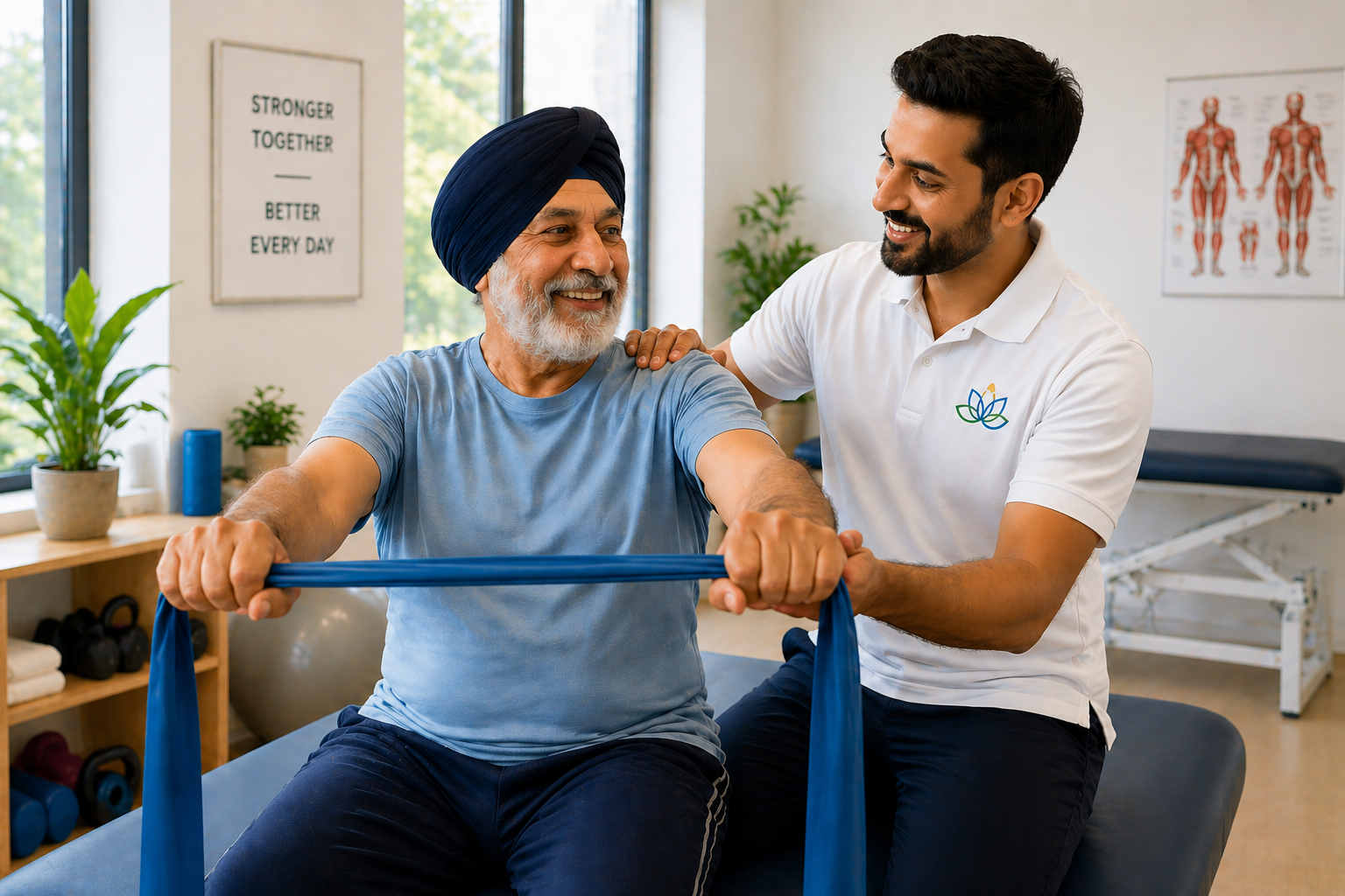 Clinician supporting patient with resistance band rehabilitation after surgery